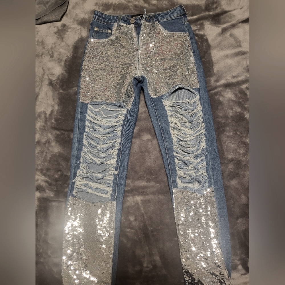 Pretty little thing Sequin ripped jeans